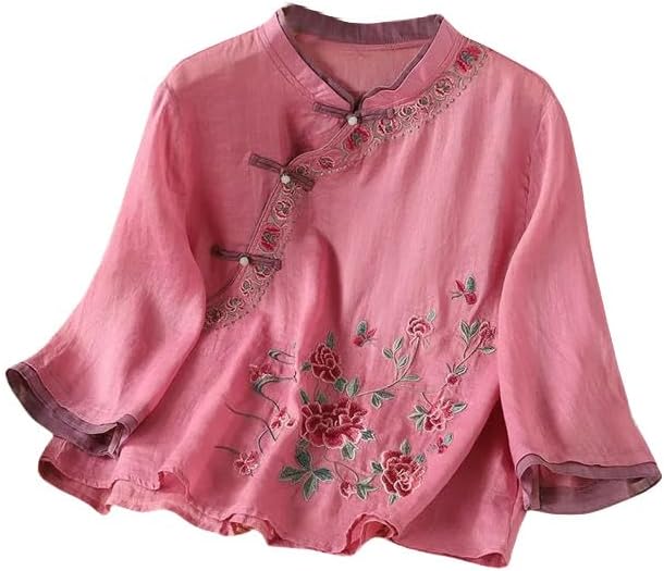 Women's Spring Summer Ethnic Style Cotton Linen Embroidered Asymmetrical Blouse Frog Button Retro 3/4 Sleeve Top