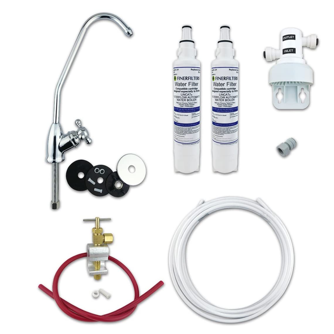 Finerfilters Deluxe system filtrów do wody pitnej do zlewozmywaka, usuń chlor i kamień, pełny zestaw DIY, łatwa wymiana filtrów bez wyłączania dopływu wody (12 miesięcy (2 filtry) - kran z pomponem