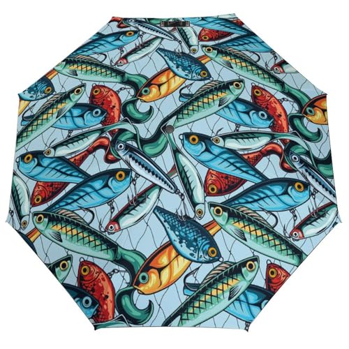 Novastar - Paraguas compacto para lluvia, coloridos cebos de pesca, sombrilla de viaje para portátil 3 paraguas plegable pequeño para mujeres y hombres con elementos esenciales de viaje