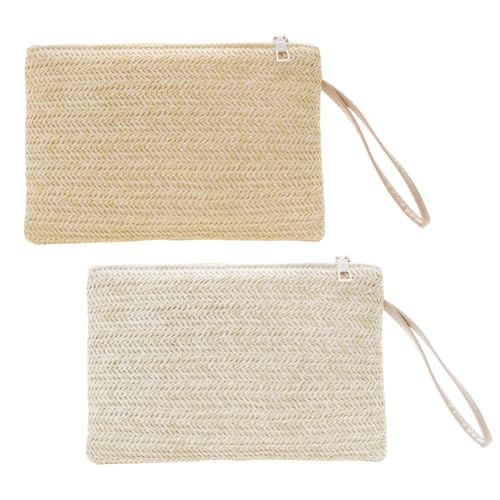 FUIPVGI Lot de 2 sacs à main en paille pour femme - Avec fermeture éclair - Style bohème - Pour femme et fille. 2 pièces., 24 * 16 * 2