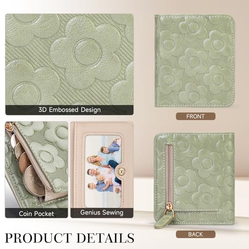 Womens Wallet,Slim Small Wallet Women RFID Bifold Compact Wallets for Women 3D Embossed Leather Wallet with ID Credit Card Holder Zipper Coin Pocket Green3