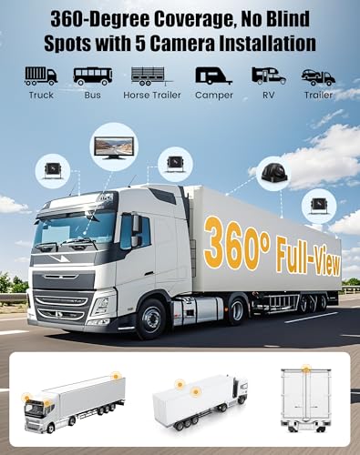 Image of 10.36 inch Wired Backup Camera System for Truck RV Trailer, 5 Channel Dash Cam with 5 1080P Camera, Touch Screen Monitor, No Delay Signal, DVR Loop Recording, Blind Spot Detection, IP69 Waterproof, 64GB