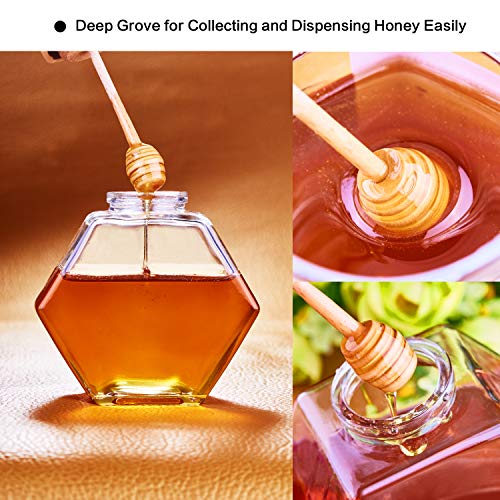 Denois Honey Pot Glass Honey Jar with Wooden Dipper and Cork Lid Cover for Home Kitchen, Clear, 14 Ounces