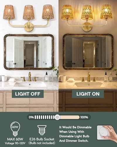 Image of 3-Light Bathroom Light Fixtures, Brushed Gold Rattan Vanity Lights with Flared Handwoven Shade, Boho Wall Sconce, Farmhouse Sconces Wall Lighting for Hallway Bedroom, VL837-BG-RA-3