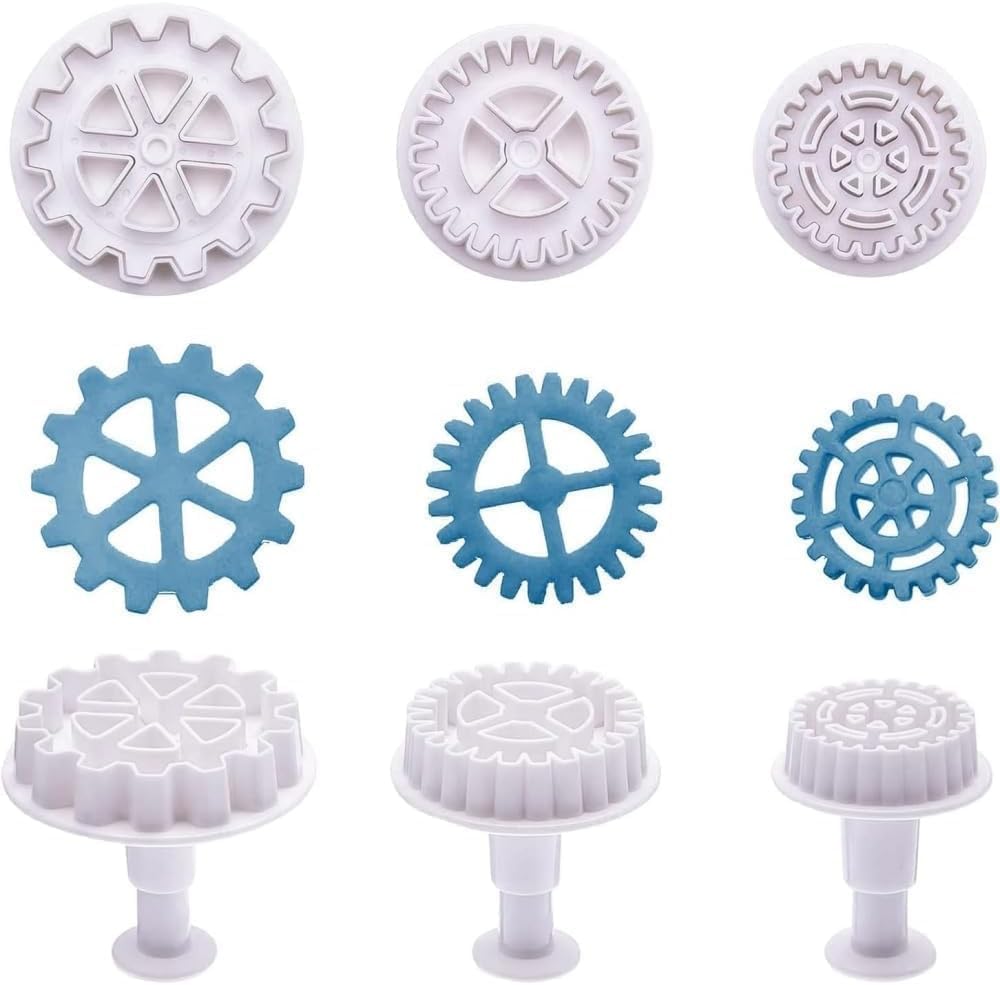 Ssmmam 3Pcs Gear Cookie Cutters, Steampunk Cogs Plunger Mold, 3D Stamp Set, Cookie Cutters Baking Tools