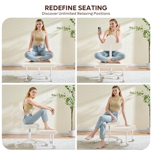 Image of Pinmoco Cross Legged Office Chair with Wheels, Meditation Chair, ADHD Chair for Adults, Wider Height Adjustable Backrest and Seat, Yoga Office Chair, PU Leather, Beige