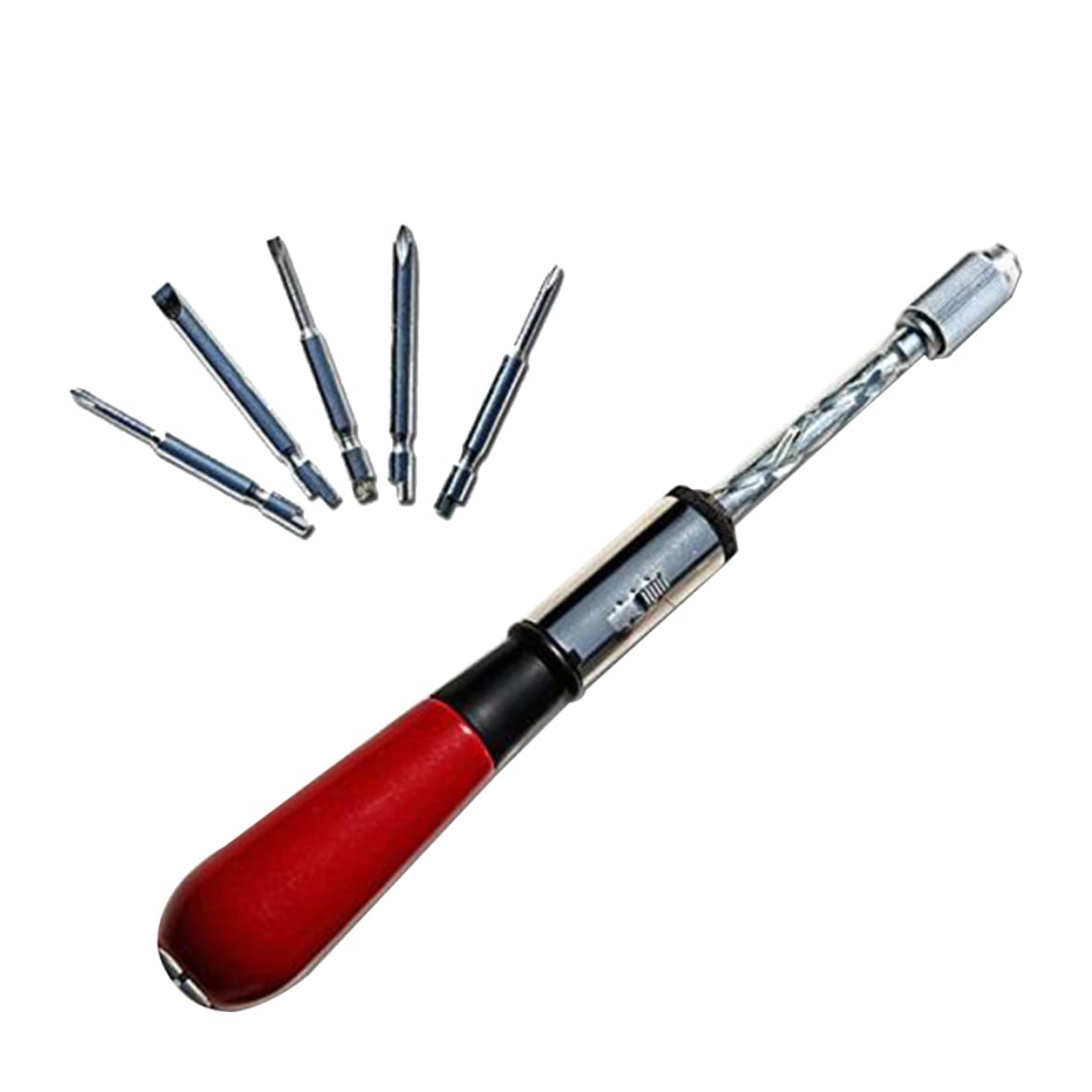 MOUNTTU Ratcheting Screwdriver Set,Semi Automatic Screwdriver Push Pull Wood Handle Ratchet Screw Driver with Replaceable Bit, 红色木柄