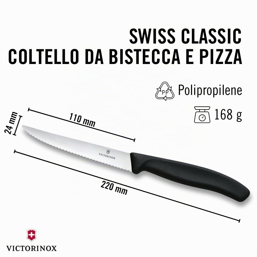 Victorinox Set di Coltelli Bistecca e Pizza Professionali Swiss Classic, 6 Pezzi, Coltelli da Tavola, Lame Affilate Ondulate, 11 cm, Manici in Plastica, Nero