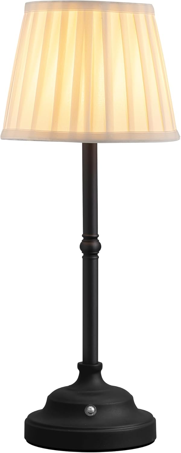 KDG Cordless LED Table Lamp, Portables Fabric Shade Desk Lamps, 4000mAh Rechargeable Battery Powered Lighting, Dimmable Light for Dining Room, Bedroom, Bedside, Night Light, Balcony (Black) Black + White Lampshade