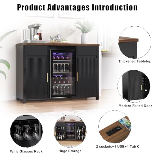 GDLF Large Coffee Bar Cabinet with Fridge Space, Mini Fridge Cabinet with Wine Storage, Buffet Sideboard Table for Home, Fluted Modern Design,53.2" L - Thumbnail 6