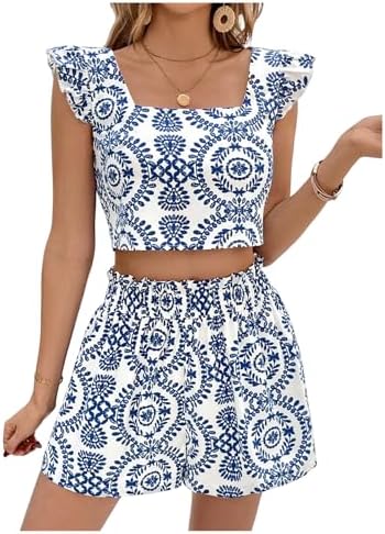 SweatyRocks Women's 2 Piece Sets Ruffle Sleeve Crop Top and Short...