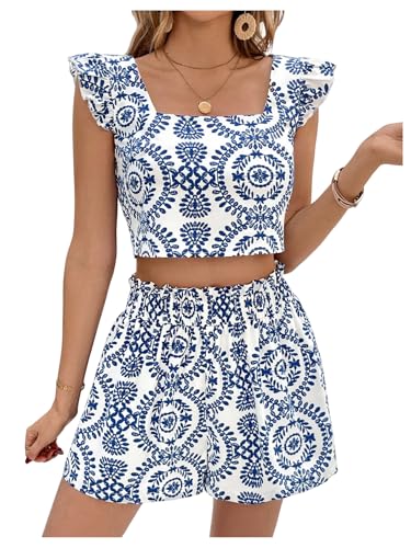 SweatyRocks Women's 2 Piece Sets Ruffle Sleeve Crop Top and