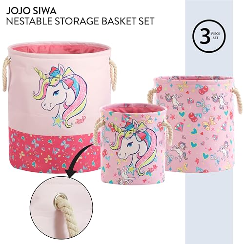 Image of JoJo Siwa Pink Bow and Unicorn 3 Piece Multi Size Fabric Nestable Toy Storage Basket Set, with Rope Carry Handles