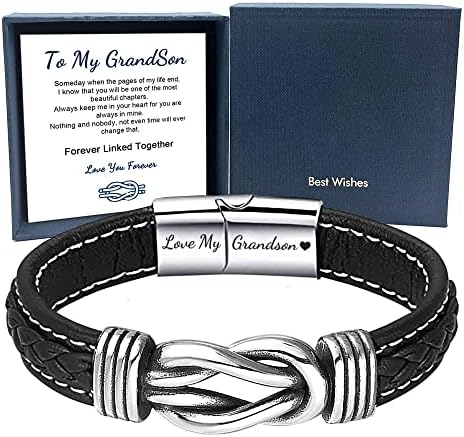 To My Grandson Bracelet From Mom Dad, Mens Teen Boys Braided Leather Bracelet Wristband Grandson Gifts for Anniversary Birthday Graduation Back to School Christmas