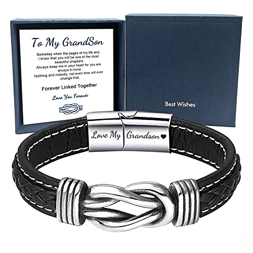To My Grandson Bracelet From Mom Dad, Mens Teen Boys Braided Leather Bracelet Wristband Grandson Gifts For Anniversary Birthday Graduation Back To School Christmas #TOP3