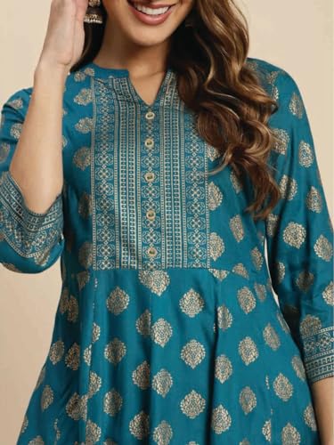 Image of rangita Teal Rayon Calf Length Printed Flared Kurti for Women | Kurta for Women