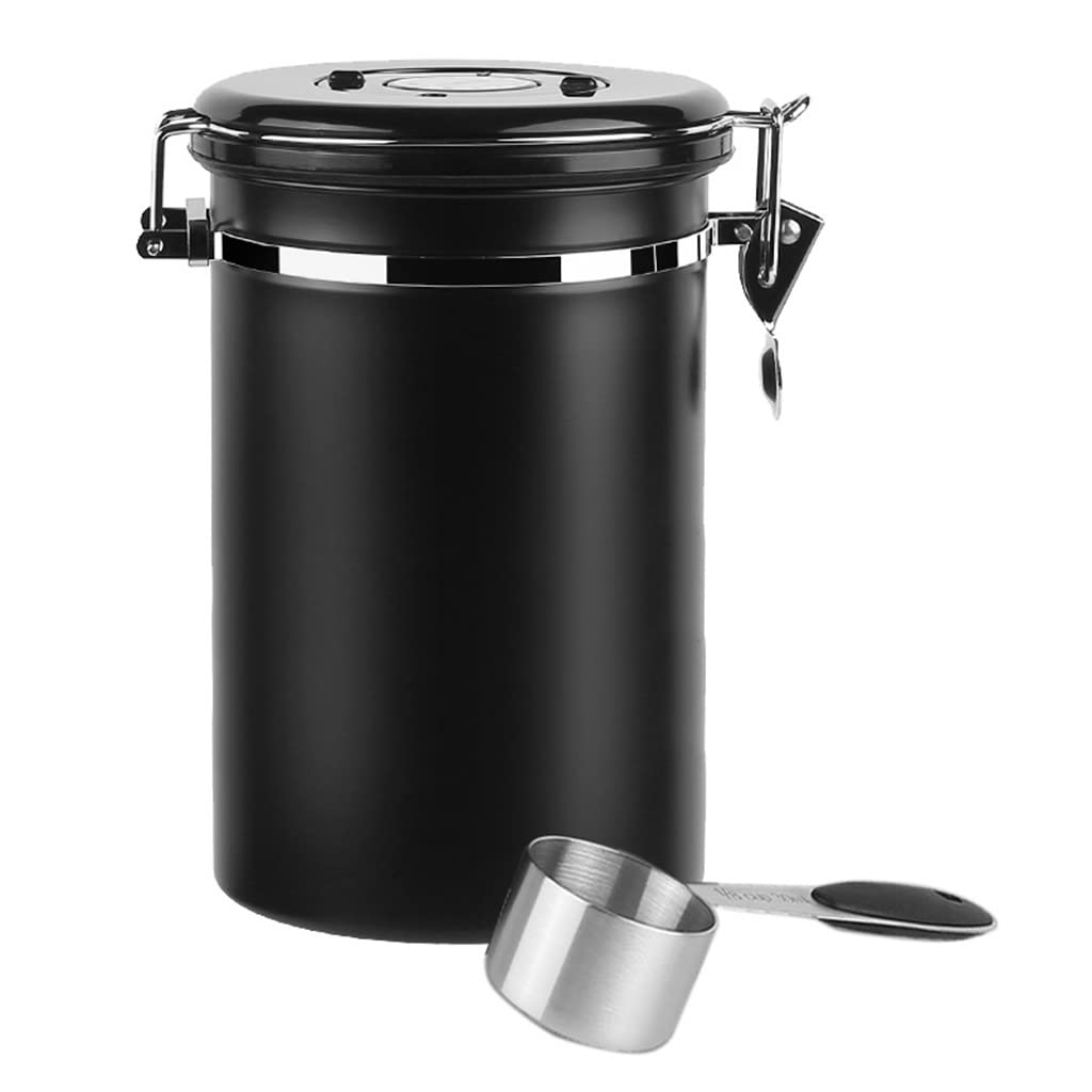 Luftdichter Behälter aus Edelstahl, vakuumversiegelt, mit Datumsanzeige und Löffel, ideal für Kaffee, Bohnen, Tee, Zucker und Mehl (Schwarz, Größe 2 l)