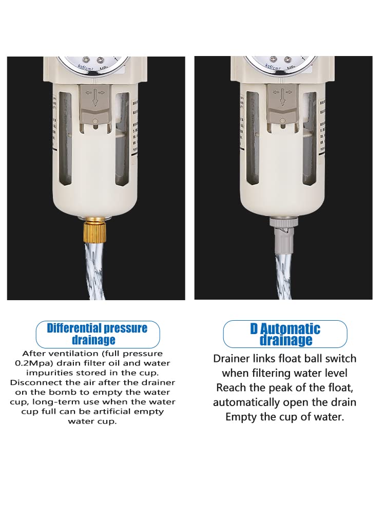 3/8" PT Compressed Air Filter Regulator Lubricator Combo Water/Oil Trap Separator Air Filter Pressure Regulator Manual Drainage AC3010-03 (3/8" NPT, Manual Drainage)