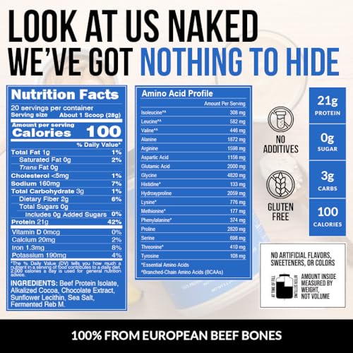 Image of NAKED Chocolate Beef Protein Isolate - Grass Fed European Beef Bones, 21g Protein & Collagen Amino Acids, Dairy Free, No Artificial Ingredients, Paleo Keto Carnivore Friendly, Chocolate - 20 Servings