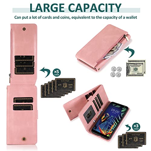 Compatible With Lg K40/K12 Plus/X4 2019/Solo Lte/Xpression Plus 2/Harmony 3 Wallet Case Tempered Glass Screen Protector Zipper Leather Flip Cover Card Holder For Lgk40 K 40 40K L423Dl Lmx420 Rose Gold #TOP3