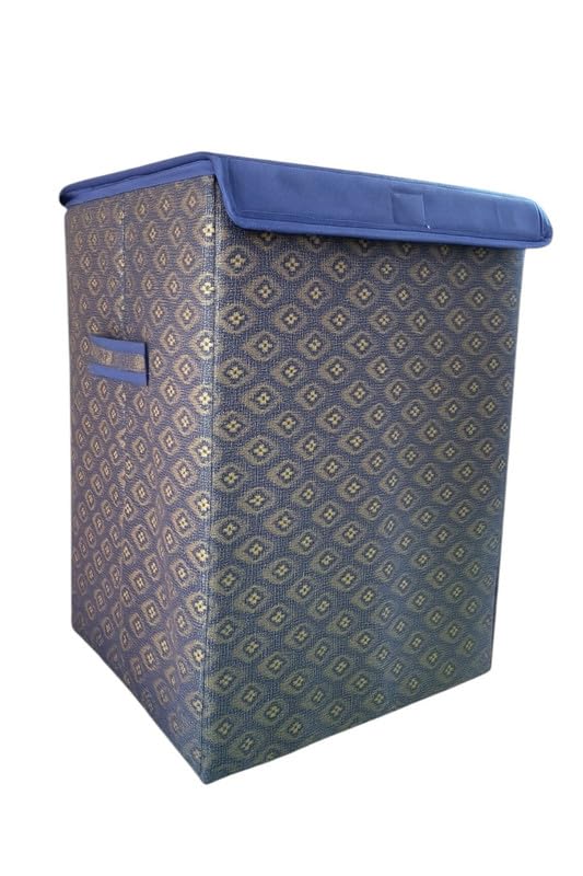 Image of QUAIL Non Woven Foldable Jute Printed 75 Liter Laundry Basket with Lid - Durable & Collapsible Storage Bag for Clothes, Toys & Washing Items (Blue Golden, Set of 1)