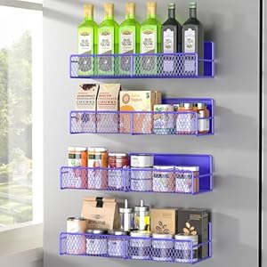 Kmise Magnetic Spice Rack for Refrigerator, 4 Pack 100% Metal Strong Magnet Fridge Shelves, Space Saving Spice Organizer, No Drilling Home Kitchen Laundry Room Storage Organization Moveable(Purple)