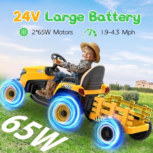 Image of ANPABO 24V Ride On Tractor for Kids w /Detachable Trailer, EVA Tires, Yellow