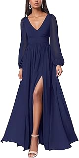 Women Mesh Deep V Neck Open Back Sheer Long Sleeve Slit Leg Bridesmaid M...