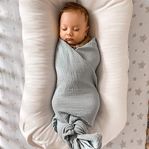 Image of Ely's & Co. Cotton Muslin Swaddle Blanket 2-Pack for Baby Boy - 100% Cotton Muslin Extra-Large Swaddle Blankets (47 inch x 47 inch) Misty Blue, Solid & Dottie Design