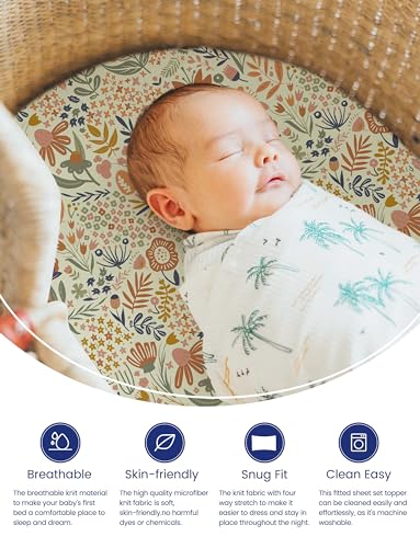 Image of TotAha Premium Soft Bassinet Sheet for Boy Girl, Super Stretchy Jersey Knit Bassinet Fitted Sheet for Halo, Maxi COSI, Mika Micky, SNOO, and Other Bassinet, 2 Pack (Botanical Garden & Cute Bear)