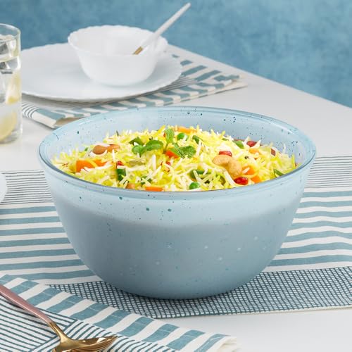 Image of Borosil 2.8 L Round Shape Serving & Mixing Bowl | Made in India Borosilicate Glass Bowl for Kitchen & Dinning | Bowl for Mixing Dough, Salad, Batter, Pasta | Microwave & Dishwasher Safe (Blue)