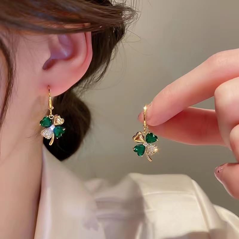 coadipress 14k Gold Plated Clover Hoop Earrings Pendent Necklace Sets for Women Dainty Green Rhinestone Clovers Necklace Earing Jewelry Set Wedding Accessories Fashion Holiday Gift - Image 3