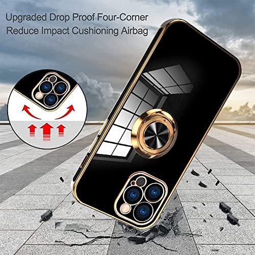 Ook Compatible With Iphone 13 Pro Case With Ring Holder Full Camera Lens Protection Plating Rose Gold Edge 360°Kickstand Slim Soft Flexible Tpu Protective Case Cover For Iphone 13 Pro 6.1 Inch -Black #TOP3