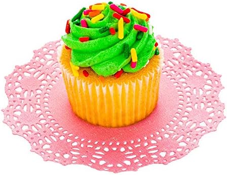 Restaurantware Disposable Paper Lace Doilies - Pink - Round - Use with Cakes, Desserts, Baked Goods, Weddings, Decoration - 4" x 4" - 100ct Box - Pastry Tek