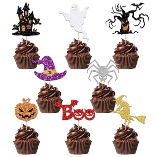 Halloween Cupcake Toppers Glitter Spider Witch Hat Spooky Ghost Cat
