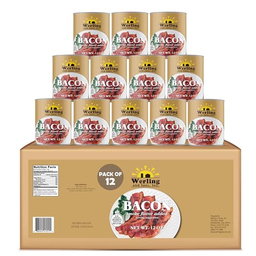 Image of Werling Fully Cooked Canned Bacon 12 oz - Ready to Eat Smoked Bacon, Shelf Stable up to 5 Years, Long-Term Food Storage, Emergency Survival Food, Camping & Hiking Meals, Pantry Staple, Canned Meat, Pack of 12