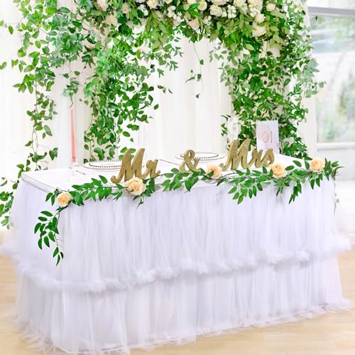 14ft Tulle Table Skirt White Tutu Table Skirt Tablecloth for Rectangle Tables 2 Layer Tulle Fluffy Table Skirting for Wedding Bridal Baby Shower Party Banquet Decor