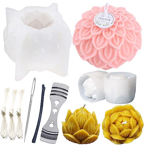 Nimozekd 2PCS Lotus Sphere Candle Molds with Mold Punch Needle Large-Eye Wicking Needle for Candle Making Lotus Flower Ball Mold for Decoration Scented Candle DIY Clay Craft Soap Flower Specimen