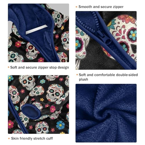 CHIFIGNO Sugar Skulls Flowers Black Boys Winter Jacket, Toddler Fleece Zip up Jacket Soft for Fall Winter Spring 3T3