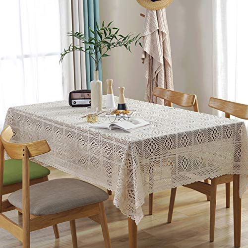 Bringsine Vintage Handmade Crochet Diamond Tablecloth Decorative Macrame Lace Table Cloth Cover Layer For Kitchen Dinning Pub Bedside Tabletop Sheet Decoration(Beige, Rectangle/Oblong, 55 X 55 Inch) #TOP1