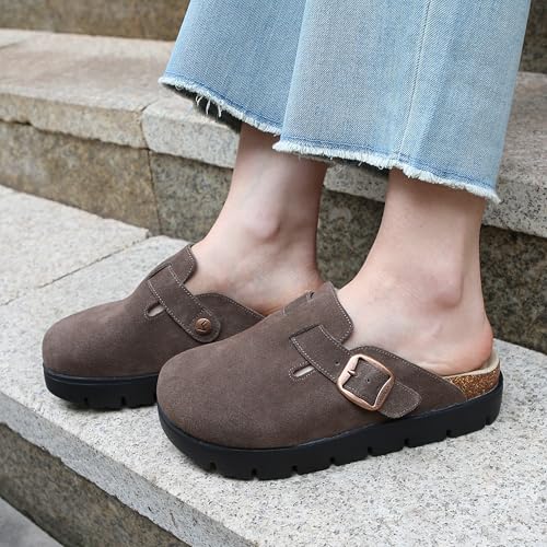 Image of Genuine Suede Clogs for Women Platform Shoes,Leather Comfort Potato Shoes Chunky with Arch Support, Casual Trendy Shoes Mules for Women