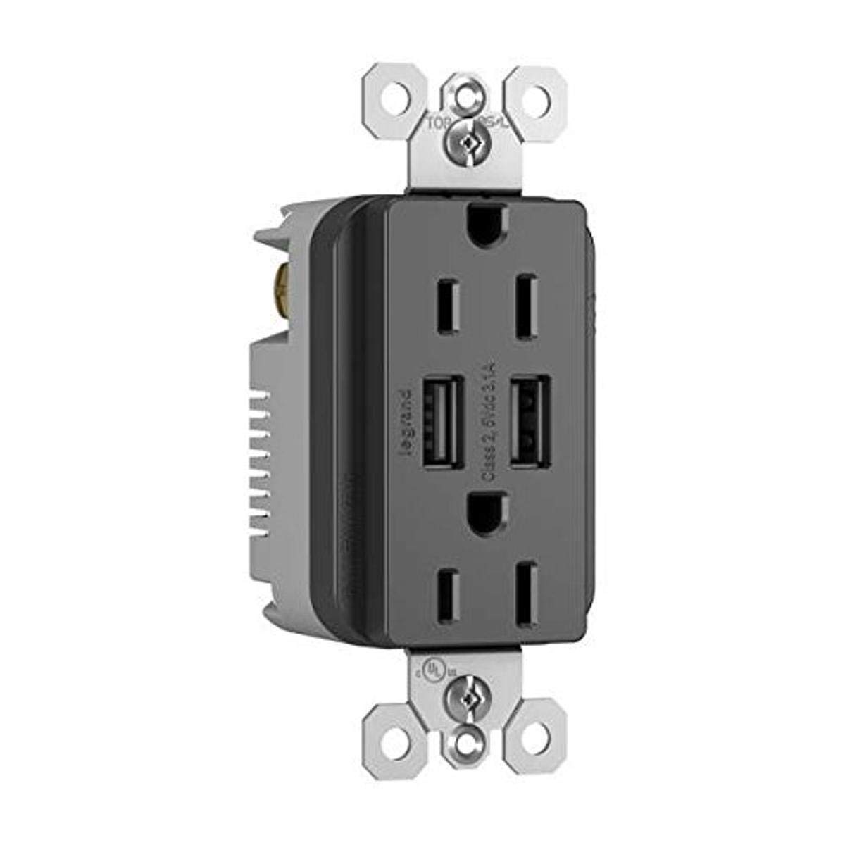 Cargador doble USB C2G toma corriente duplex 15A placa pared negra 12824 3