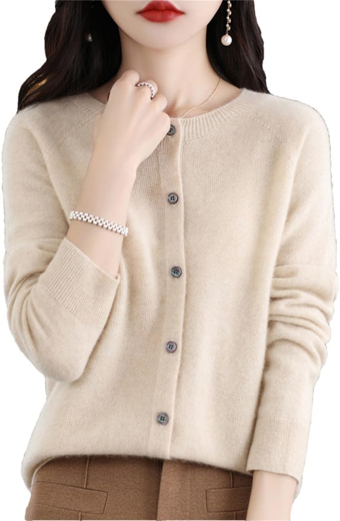 Women's 100% Merino Wool Cashmere Cardigan Long Sleeve O-Neck Knitted Sweater Spring Autumn Loose Fit Warm Jumper