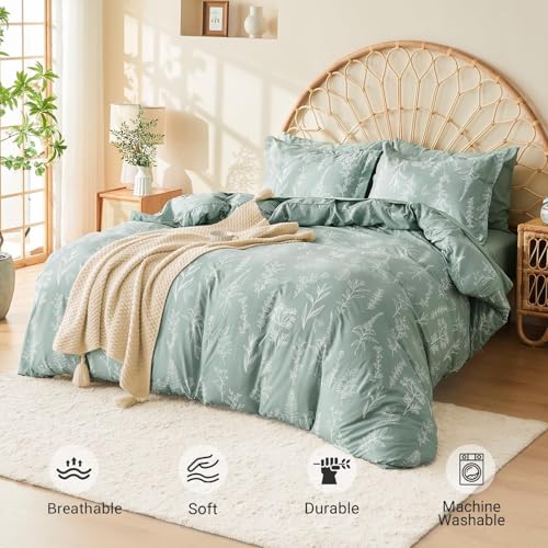 MUXHOMO Bed in a Bag Queen 7 Pieces, Sage Green Queen Comforter Set Reversible Botanical Flowers Design, Ultra Soft & Breathable Bedding Sets with Comforter, Sheets, Pillowcases & Shams - Image 3