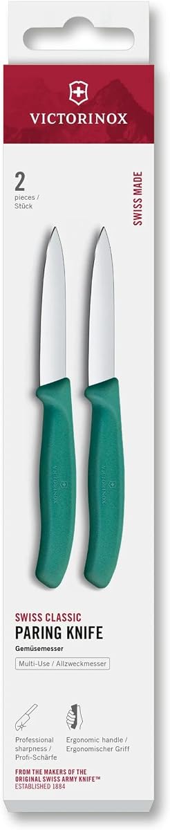 Juego de cuchillos de pelar Swiss Classic de 2 piezas y 3 pulgadas con borde recto, verde | Cuchillas de precisión de acero inoxidable fabricadas en Suiza con mangos ergonómicos de polipropileno para pelar, descorazonar y cortar en cubitos.