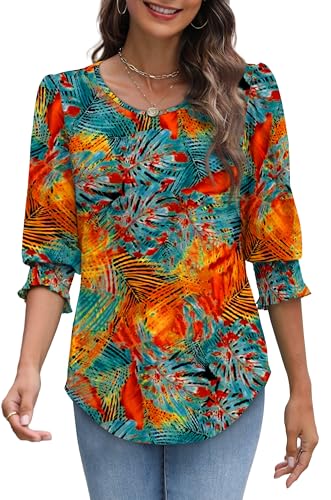 Image of XIEERDUO Blouses for Women Dressy Casual 3 /4 Length Sleeve Womens Tops with Smocked Cuffs
