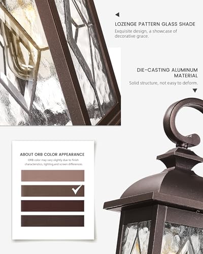 Image of FEMILA Dusk to Dawn Outdoor Wall Light Fixtures, 15 inch Exterior Waterproof Wall Sconce, Front Porch Lights, ORB Finish with Hammered Glass, E26, UL Listed, 4FD54B-PC ORB-SD