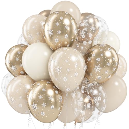 Image of Jobkoo Snowflake Balloons Winter Wonderland Beige Gold Cream White Sand Balloons Neutral Boho Winter Balloon Set for Ice Onderland Snow Holiday Birthday Christmas Baby Bridal Shower Party Decorations