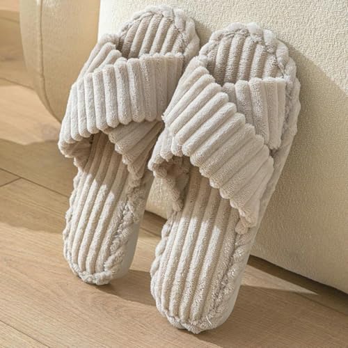 Image of SILENCIO Slippers for Women House Bedroom Furry Cross Bands Slide Shoes Anti-Skid Sole Open Toe Slippers Indoor & Outdoor