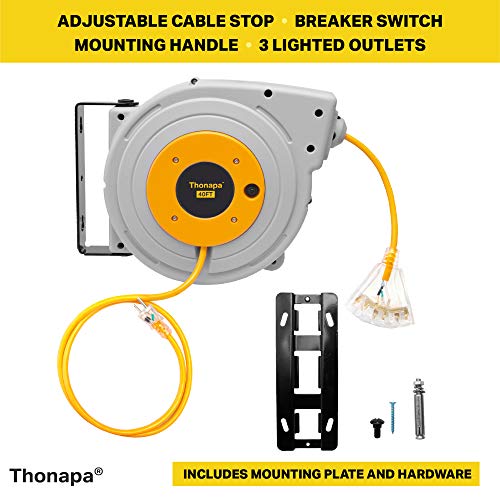 40 Ft Retractable Extension Cord Reel - 12/3 Sjtw Heavy Duty Yellow Cable - 2 In 1 Mountable & Portable Power Cord Reel With 3 Electrical Outlets #TOP2